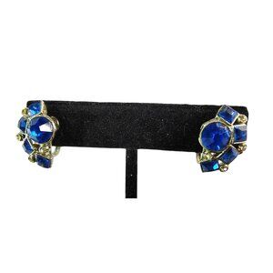 Vintage Blue Rhinestone Screw Back Earrings, Prom, Formal Silver Tone